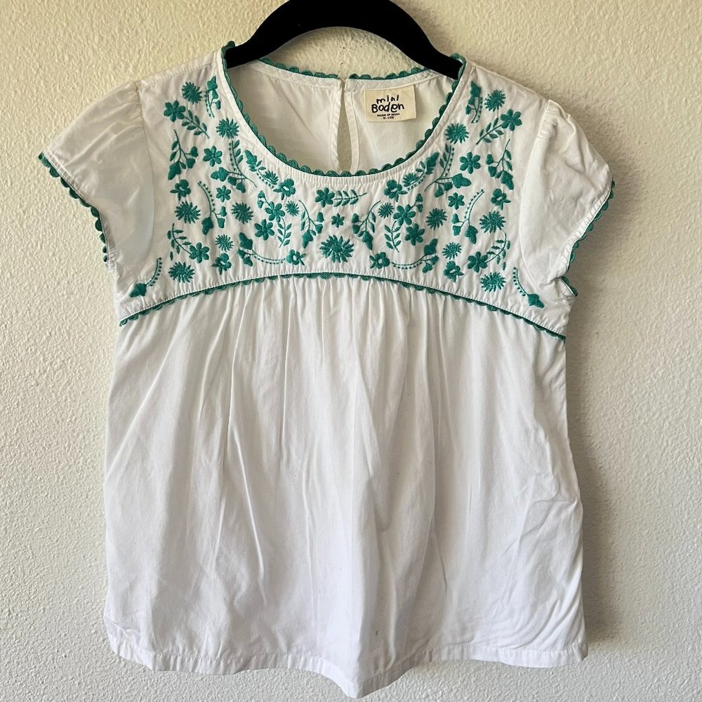 MINI BODEN White Teal Floral Embrodered Top
